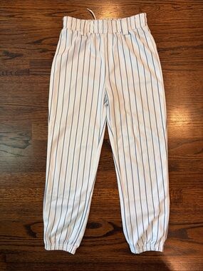 White/Navy Pinstripe Baseball Pants for Kids — Elastic Waist & Cuffed Ankles